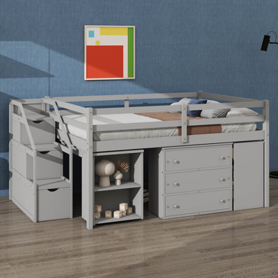 Lit mezzanine double en bois avec bureau coulissant, 3 tiroirs, escalier de rangement et tablettes