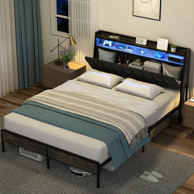 Cadre de grand lit en métal noir, tête de lit ergonomique avec rangement pour clés, téléphone à DEL et station de charge