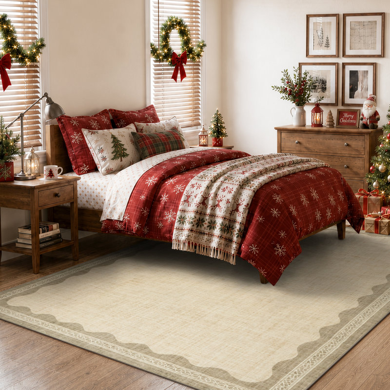 Tapis d'intérieur taupe vintage à bordure ondulée, lavable et antidérapant, idéal pour le salon, la chambre ou le bureau.