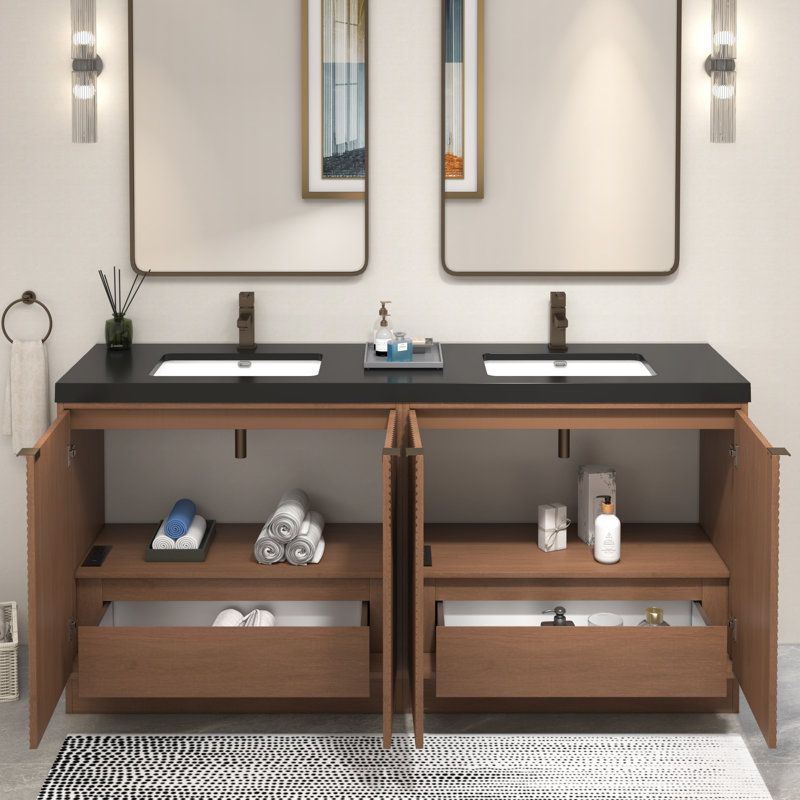 Ensemble de meuble-lavabo autoportant 70,8 po Monterey + double lavabo en acrylique noir renforcé, Brun