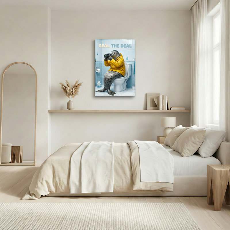 Tableau mural humoristique « Scellez l'affaire » sur toile, représentant un phoque en veste jaune sur les toilettes (1 pièce)