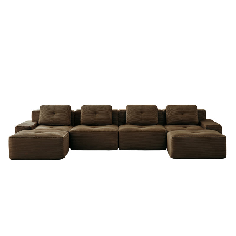 153" Modern U-Shaped Modular Sectional Sofa For Living Room, Corduroy Fabric,4-Seater Couch With Deep Seat And 2-Movable Ottoman,Pearl-Like Piping, Tufted Design, No Assembly, Anti-Slip Design​