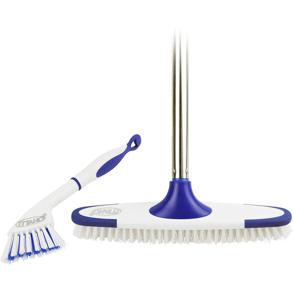 Ittaho Floor Scrub Brush with Long Stainless Steel Handle,Extension Brush with Small Deep Cleaning Brush - 12 inch, White