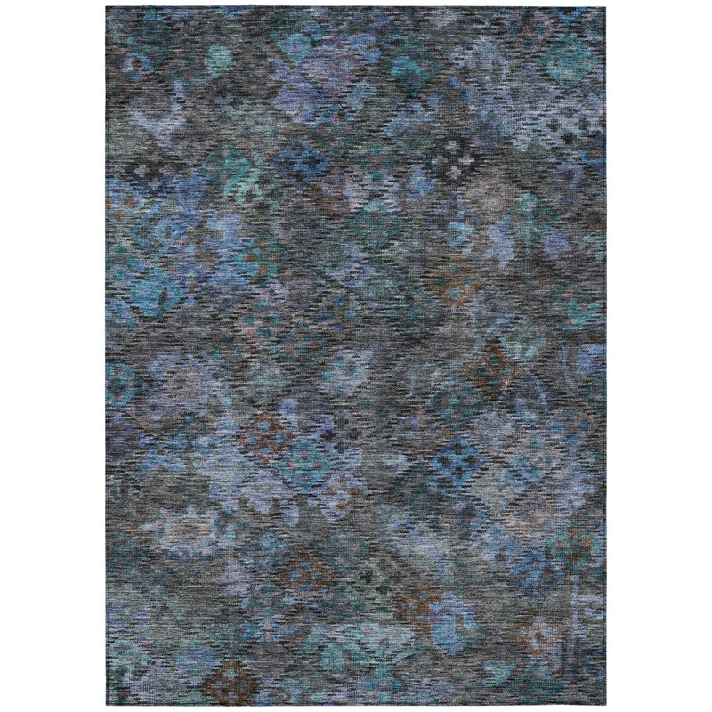 Tapis extérieur bleu sarcelle et gris anthracite lavable floral 5 pi x 8 pi