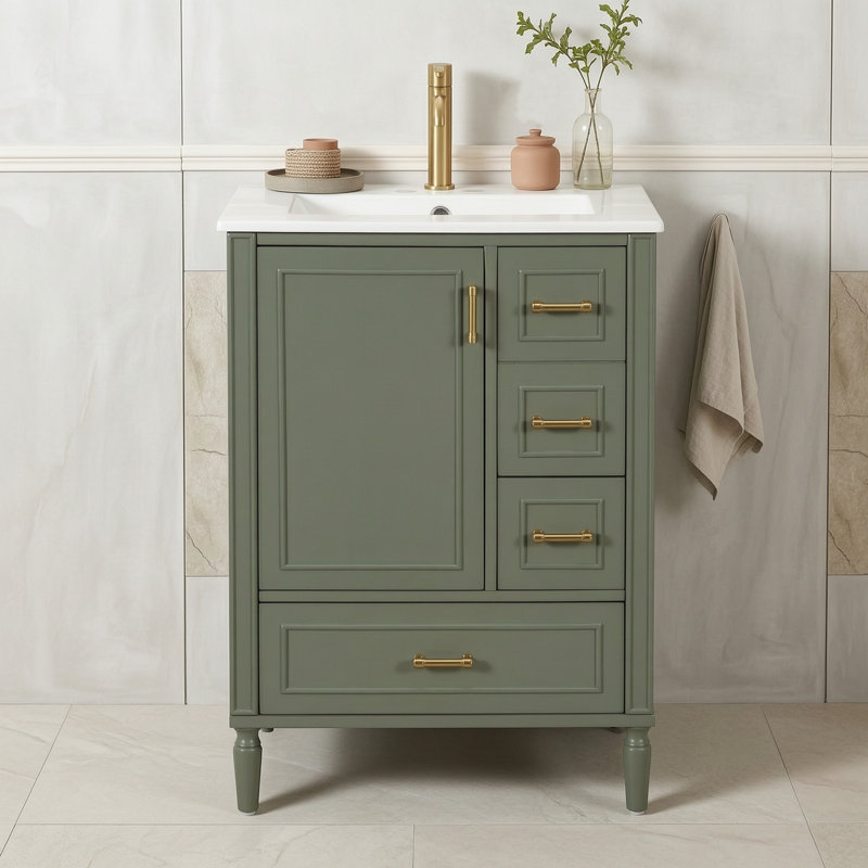 Meuble-lavabo en bois 24 po avec lavabo, poignées, tiroirs et porte 24 po , Vert olive