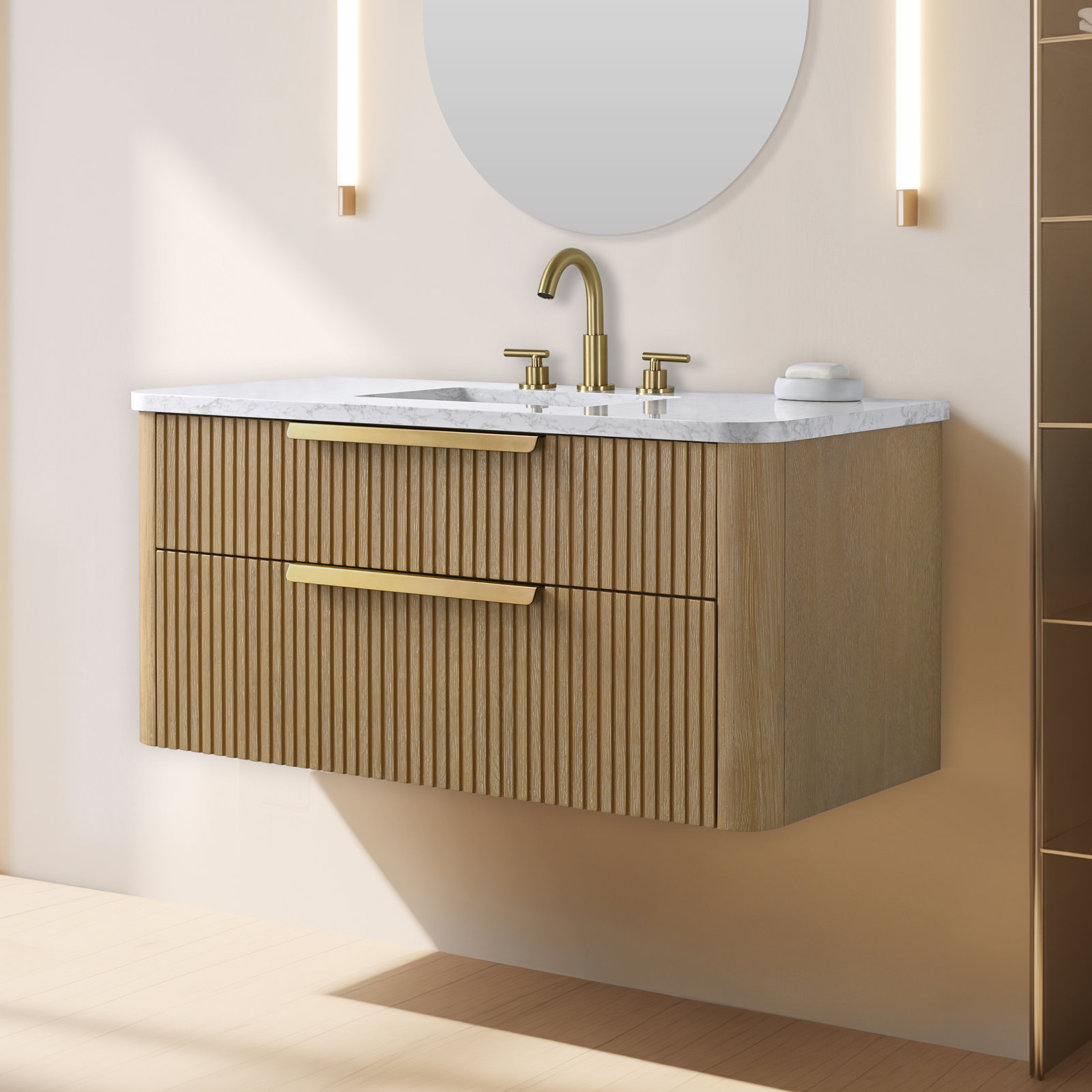 Liljan 42'' Wall-Mounted Single Bathroom Vanity, Classic Oak/Brushed Bronze