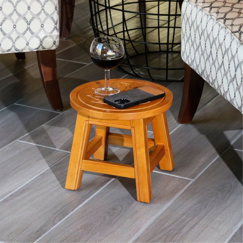 Natural Wooden Step Stool, Adorned With Fascinating Maple Leaf - Functional Stool In Natural, Highlighting And Stylish