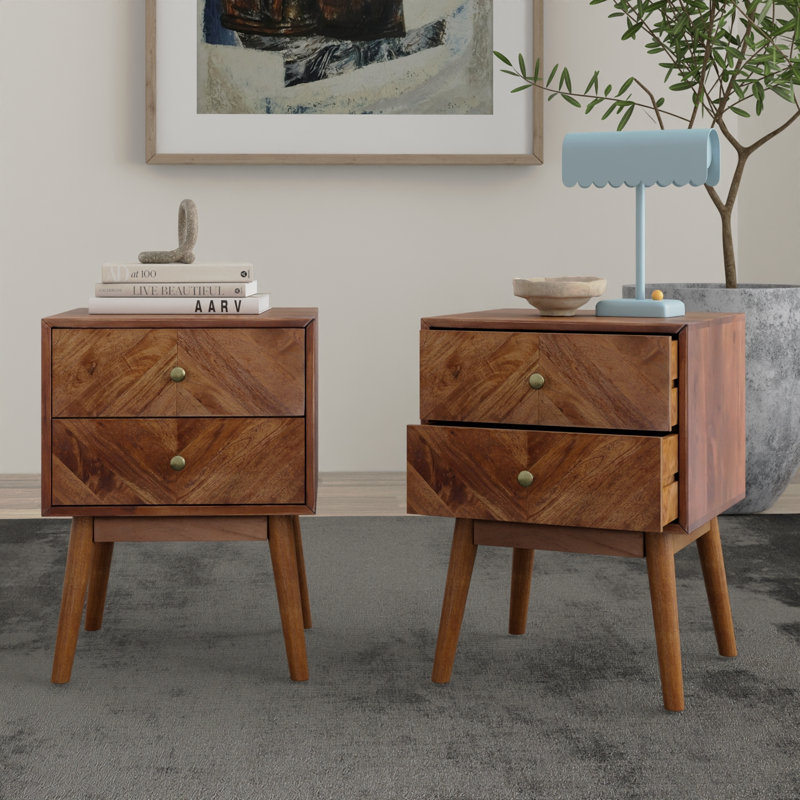 Emet Semi-Assembled Solid Wood 2-Drawer Nightstand, Brown
