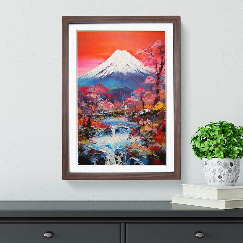 Mount Fuji Gestural No.2 - Single Picture Frame Print on Wood, 64cm H x 46cm W x 2cm D, Walnut