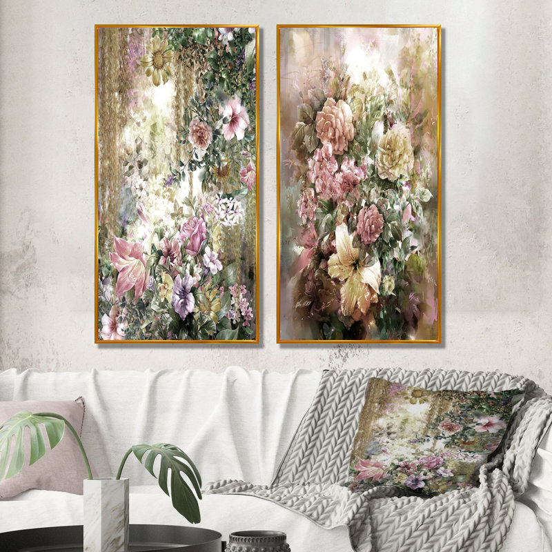 «Grunge Pink Green Summer Flowers», ensemble de 2 peintures sur toiles, H 40 po x l 40 po x P 1 po, Cadre flottant doré