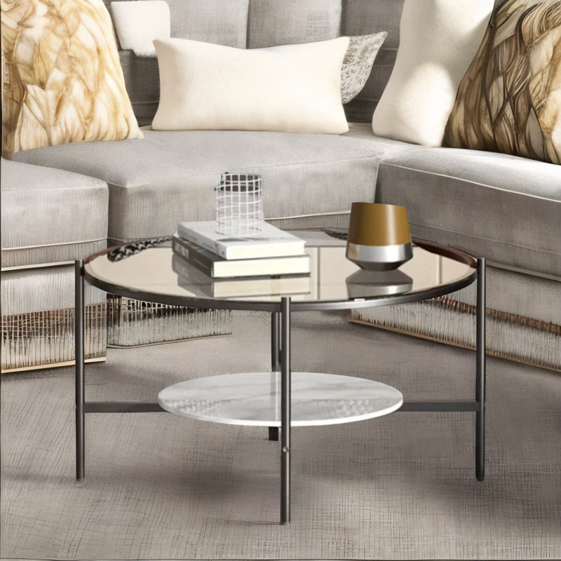 Winridge 2 Tier Round Faux Marble Glass Coffee Table Heavy Duty