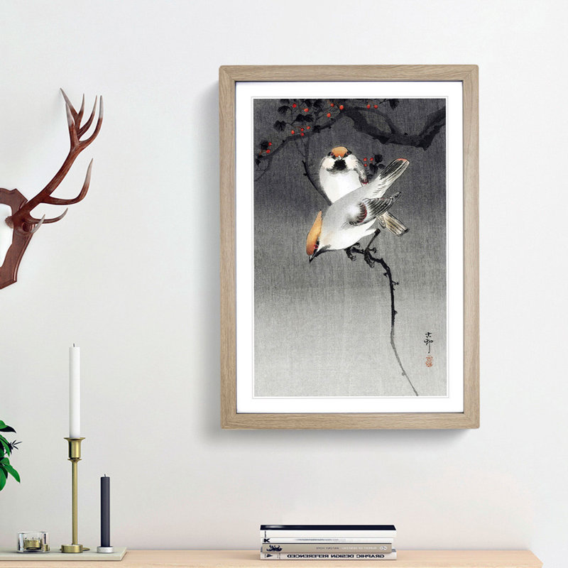 Bohemian Waxwing Birds by Ohara Koson - Framed Print, Oak Framed, 48cm H x 36cm W x 2cm D