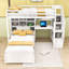 Lit mezzanine simple au-dessus de simple en bois Keleigh avec bureau intégré, tablettes et escalier-1847899866