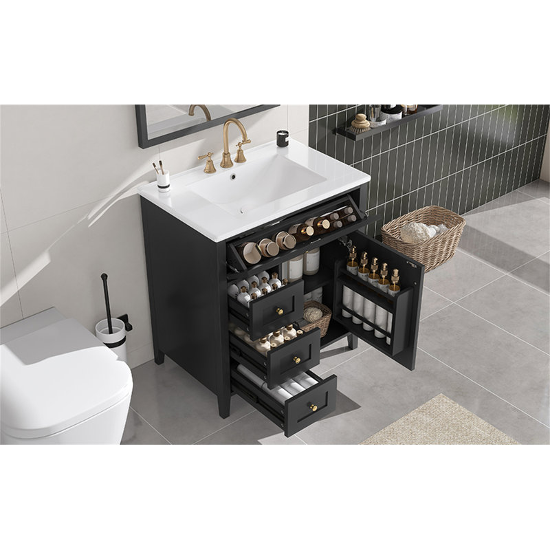 Meuble-lavabo noir 30 po avec lavabo, Noir et or