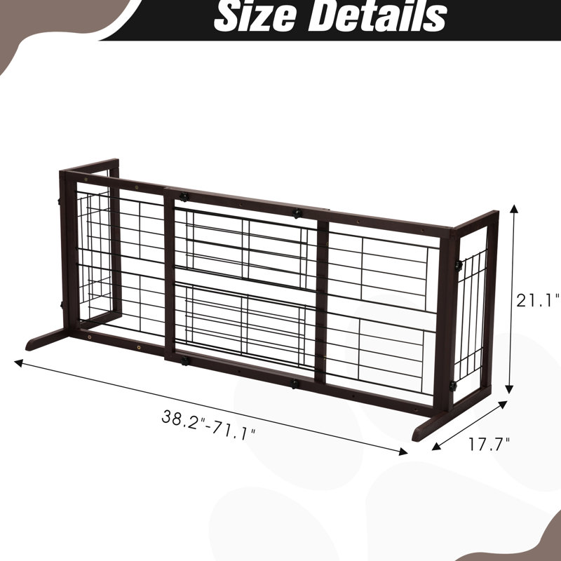 Barrière extensible pour chien autoportante en pin brun de 38 à 71 po pour portes et escaliers, grillage métallique, réglable pour animaux de compagnie