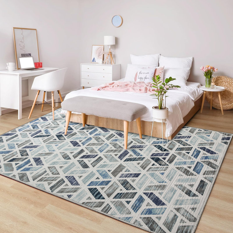 Zara Blue & Grey Geometric Printed Rug - Modern Effect Area Rug for Stylish Living Spaces, Rectangle 60 x 110 cm