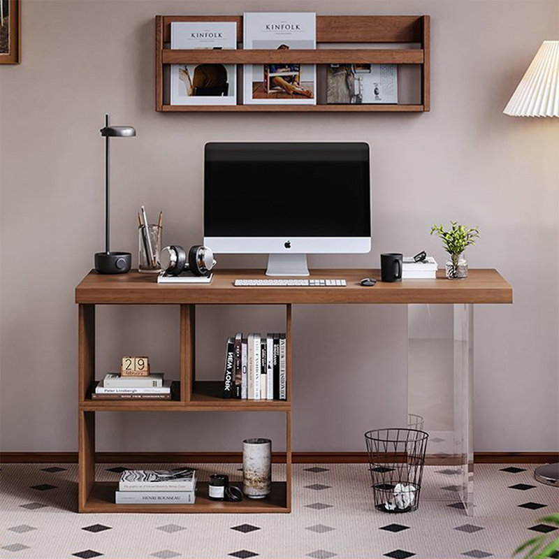 Brun noyer + bois massif rectangulaire transparent / bureaux en acrylique, H 29,53 po x l 62,99 po x P 23,62 po