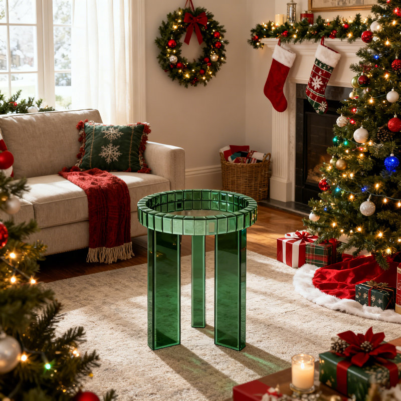 Amla 23'' Round Glass Living Room End Table Tray Top, Green