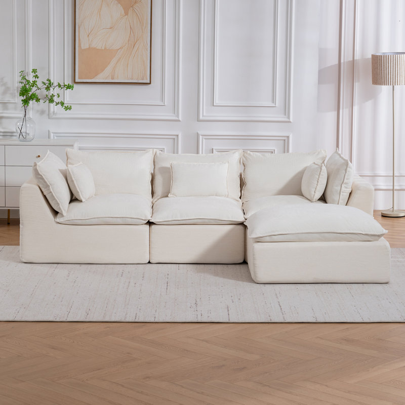 102.3" L-Shaped Sofa Comfy Cloud Couch With Ottoman, Cream