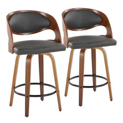 26" Mid-Century Modern Fixed-Height Barstool With Swivel In Walnut Wood And Grey Faux Leather With Round Black Metal Footrest By  - Set Of 2