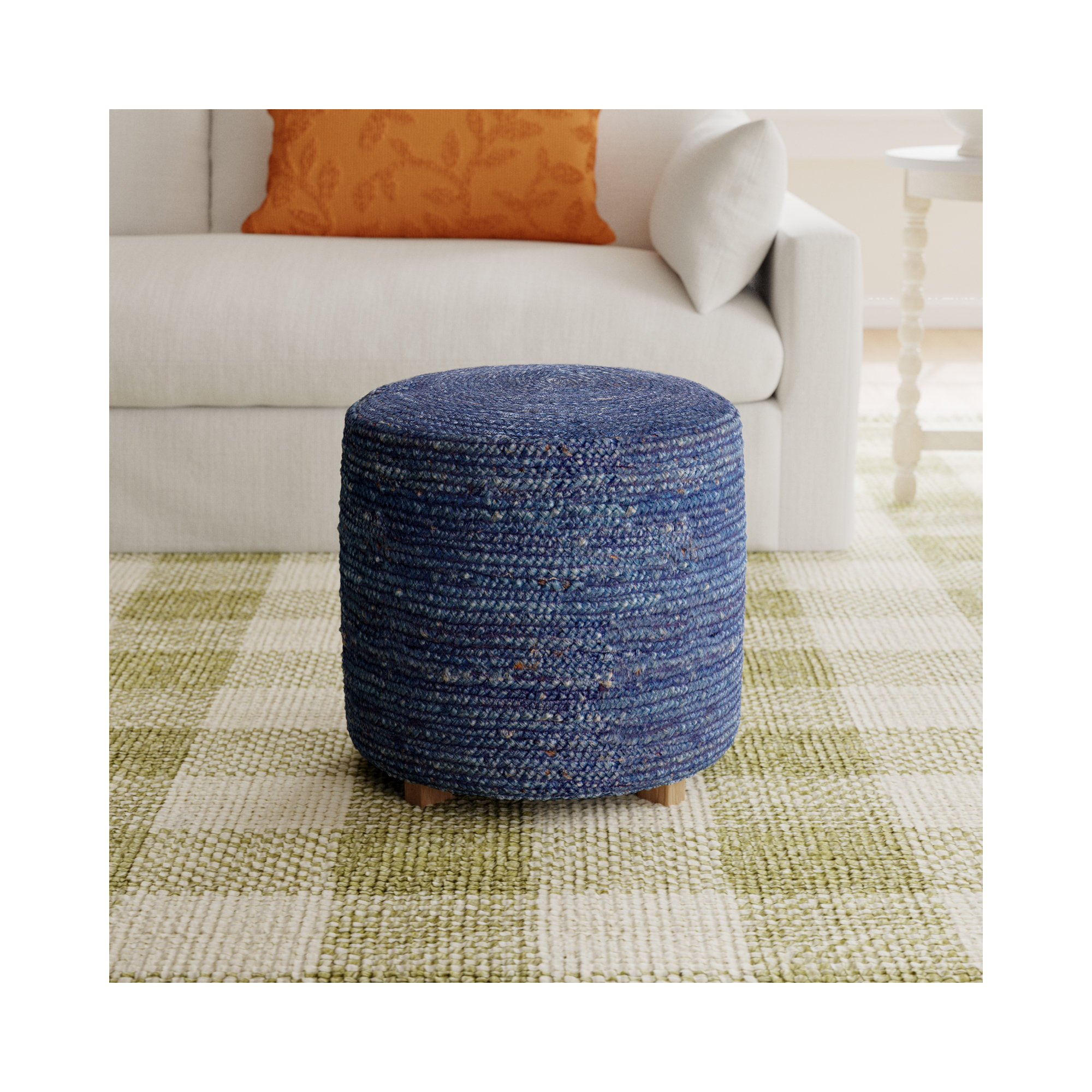 Kerrin Upholstered Ottoman, Dark Blue Jute