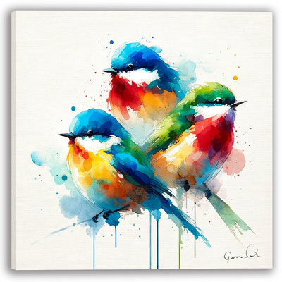 Trois oiseaux colorés sur toile tendue à l'aquarelle