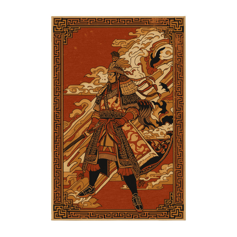Machine Washable Palmerston Tribal Chief Warrior Classic Oriental Rug in Brown – LightBrown Binding, 8x10