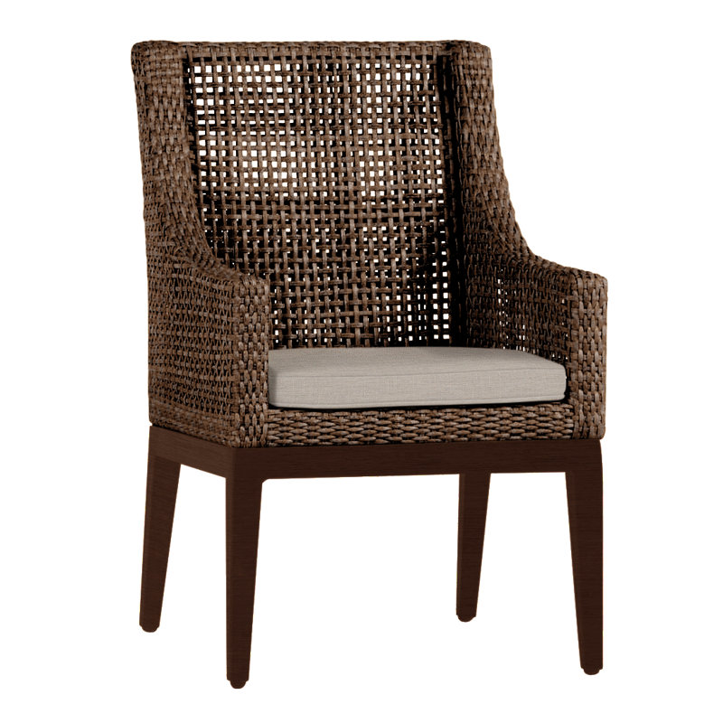Peninsula Patio Dining Armchair with Cushions, No Welt, Dove Sunbrella® Linen, Mahogany/Chestnut