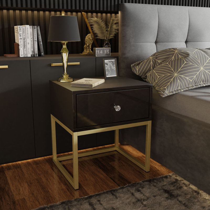 Varonique 1 Drawer Bedside Table, Gold, Black