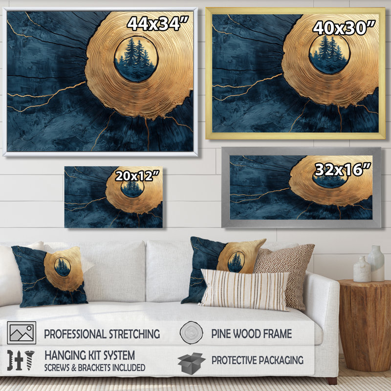 Gerrad, pin abstrait, forêt sur bois, horizon - forêt, art mural, H 34 po x l 44 po, Impression encadrée flottante, Doré