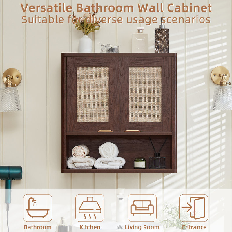 Rattan Bathroom Wall Cabinet, Boho Medicine Cabinet With Adjustable Shelf & Doors, Over The Toilet Storage Cabinets Organizer For Laundry Room, Kitchen, Living Room