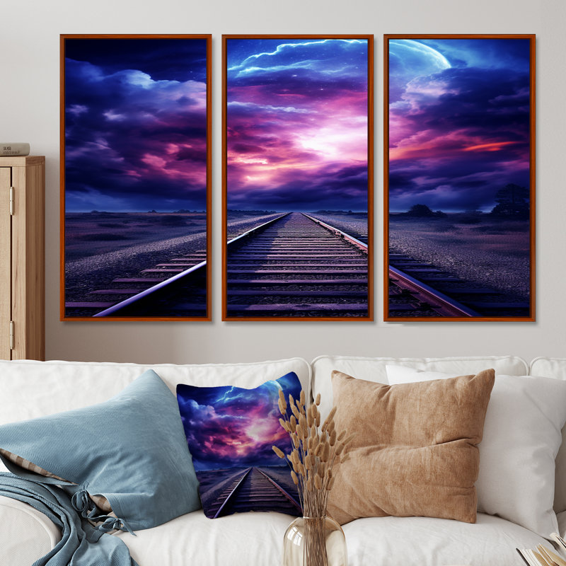 Lavande, train, rails, fuchsia, coucher de soleil I - ensemble d'art mural train, Cadre flottant brun