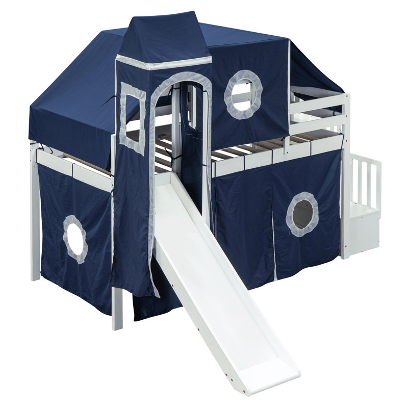 Lit mezzanine simple avec tente et tour, Bleu