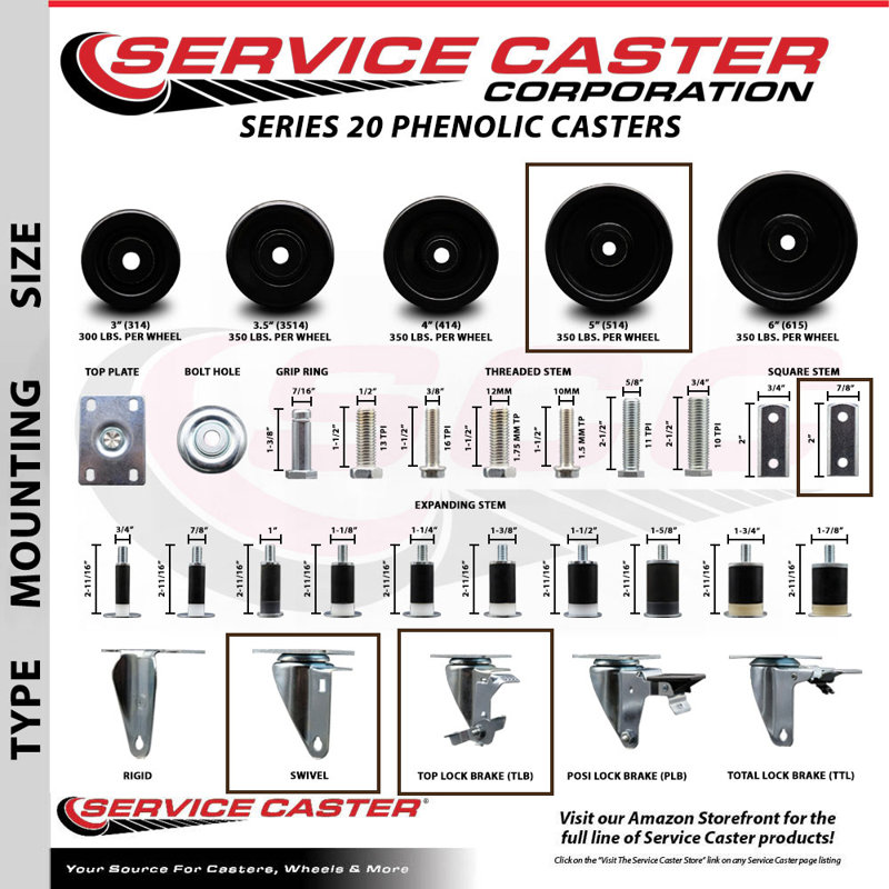 Phenolic Wheel Swivel Square Stem Caster Set with Brake SCC