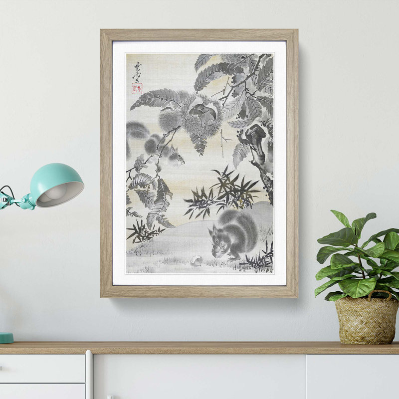 Squirrels Gathering Chestnuts by Kawanabe Kyosai - Picture Frame Painting Print, 36cm H x 27cm W x 2cm D, Oak Framed