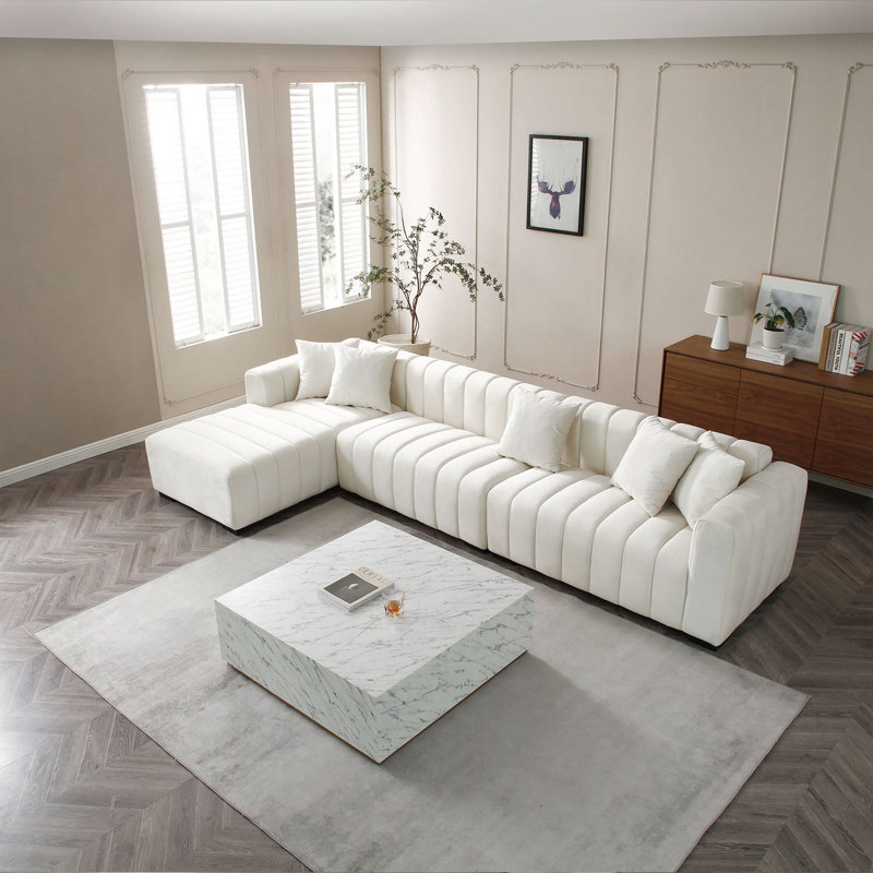 138.97" Wide Velvet Modular Sectional Sofa, Left Hand Facing, White Velvet