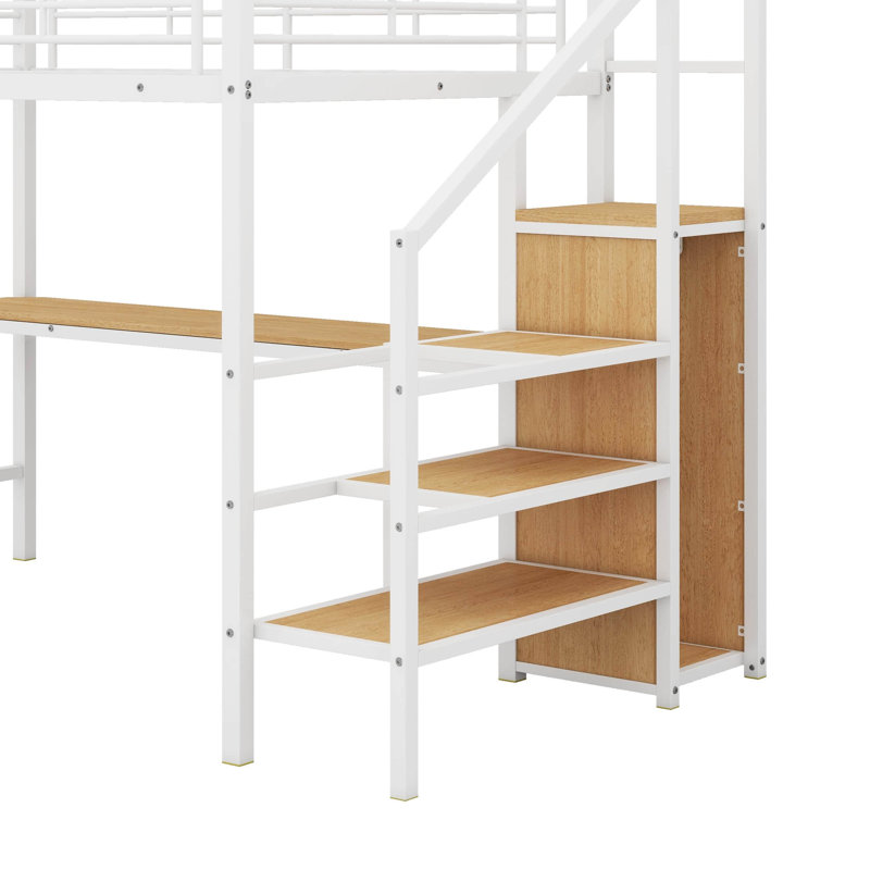 Full Size Metal Loft Bed With Desk, Storage Staircase And LED Light, White
