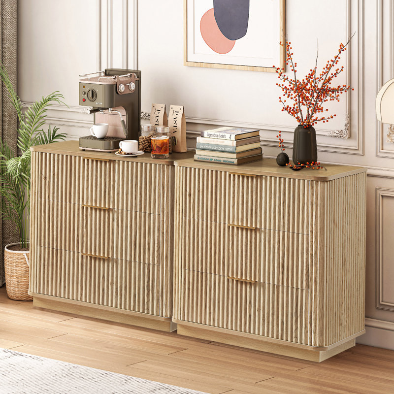 27.6"W Fluted 3 Drawers Dresser Nightstand, Oak
