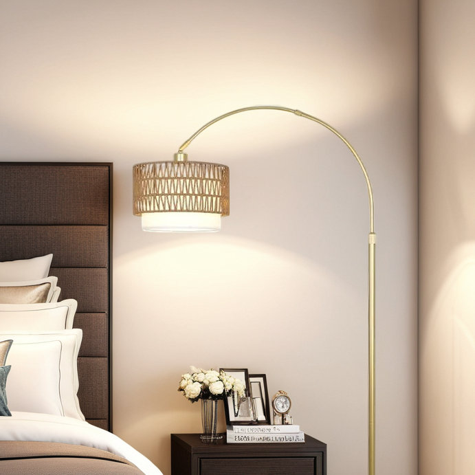 Lampe sur pied dorée, télécommande et interrupteur au pied avec 3 températures de couleur, intensité variable, hauteur réglable, base en marbre, abat-jour en rotin, éclairage intelligent, brun et vert
