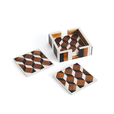 Wood Square 5 Piece Coaster Set With Holder