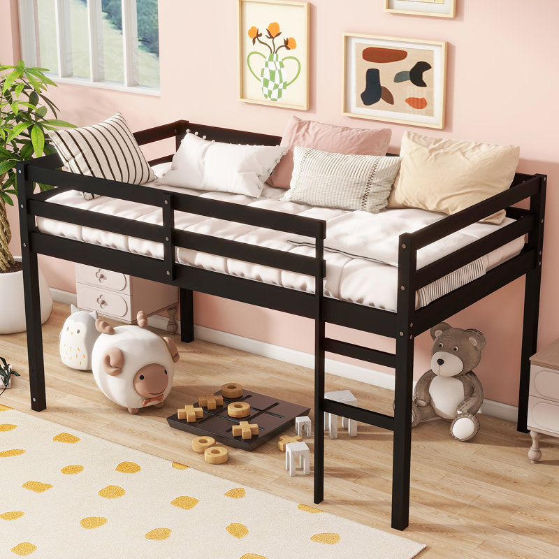 Dozzy Twin Loft Bed With Ladder, Rubber Wood And Strengthened Slats, Black