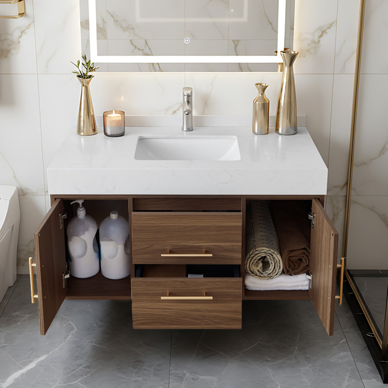 Ensemble de meuble-lavabo mural 39,4 po avec surface en noyer fritté et lavabo encastré en céramique, Walnut, Gold/White