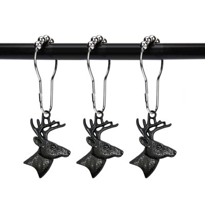 Ensemble de 12 anneaux de rideau de douche cerf décoratifs de salle de bain rustique de Noël thème de renne bois de cerf acier inoxydable antirouille (noir)