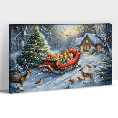  Décoration murale de Noël sur toile, œuvre d'art de la scène d'hiver avec traîneau et animaux