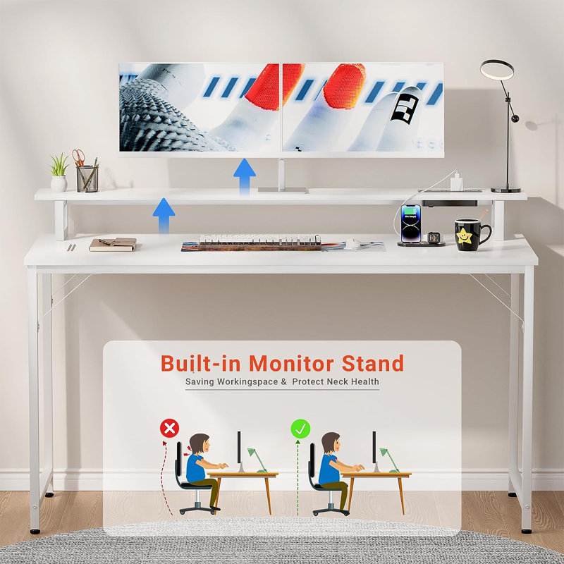 Iancarlo Metal Base Computer Desk with Power Outlet, 33.9" H x 47.3" W x 22.4" D, White