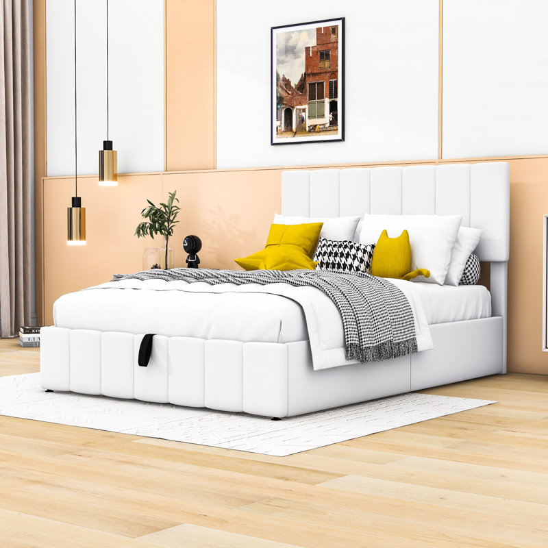 Lit plateforme tapissier avec rangement robuste Laurissa, Double, Blanc
