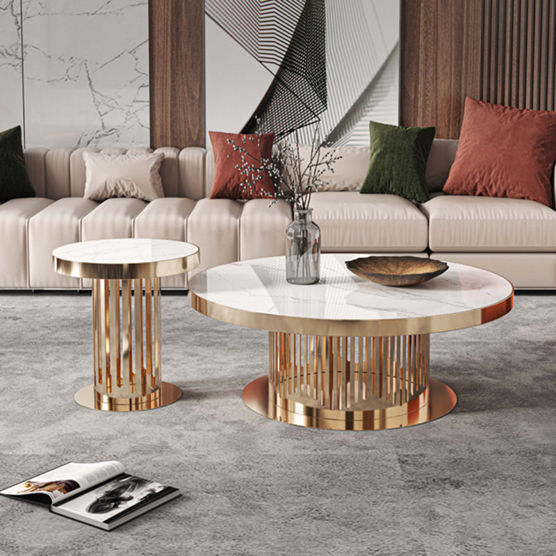 Ensemble de tables basses rondes luxueuses de style italien, H 15 po x L 31,5 po x l 31,5 po, Doré