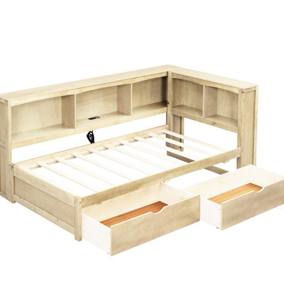 Lit de jour simple en bois avec deux tiroirs de rangement, des chargeurs et des armoires de grand choix - Lit stable