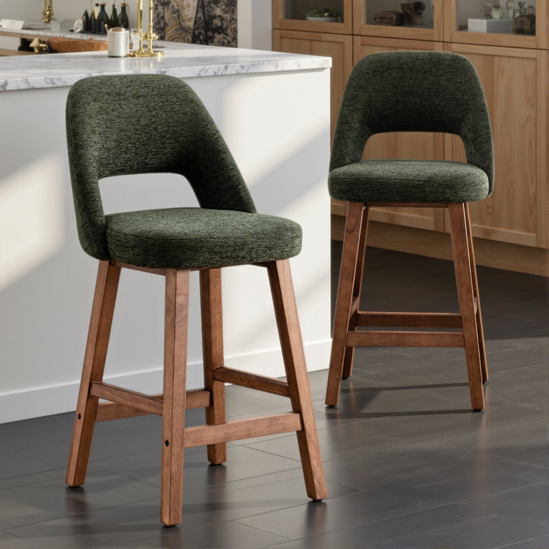Upholstered Padded Counter Stools Armless Barstools With Wooden Legs For Kitchen Island Bar Counter, Green Boucle
