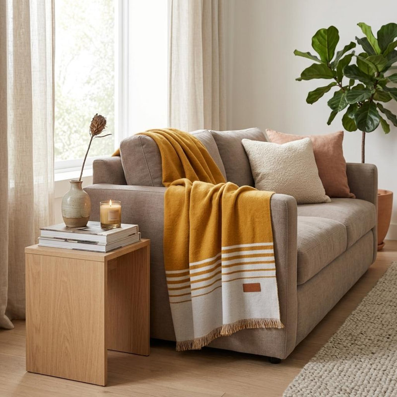 Jeté rayé en microfibre doré et ivoire avec frange